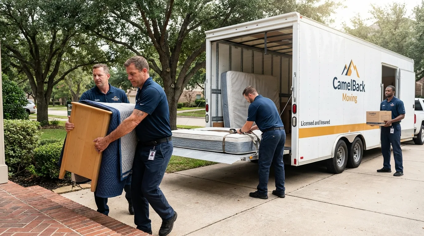 Crew loading residential truck for cross-state move from Mineral Wells, TX