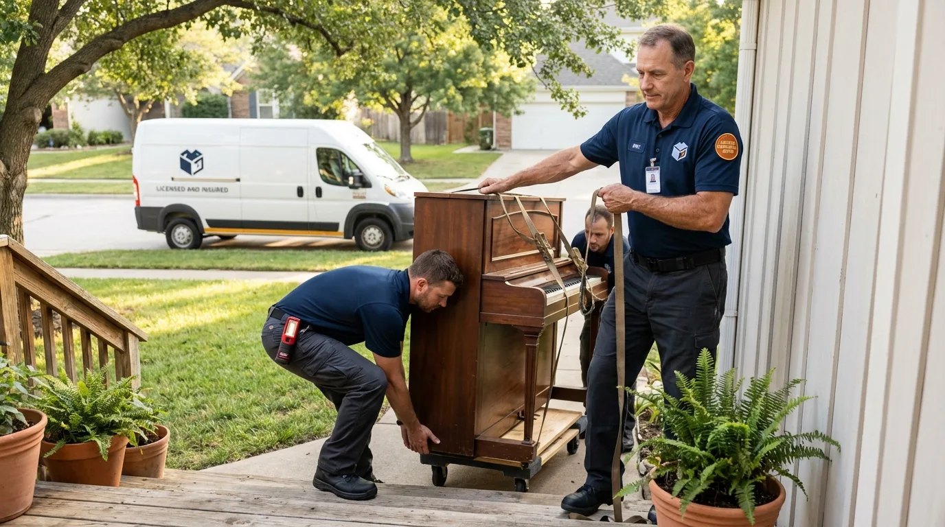 Licensed piano movers securing grand piano in Mineral Wells, TX