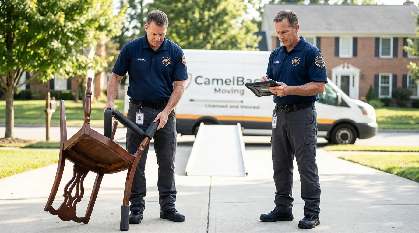 Movers inspecting furniture for damage prevention before loading in Mineral Wells, TX