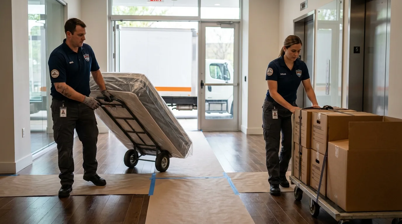 Professional apartment movers loading elevator in Mineral Wells, TX