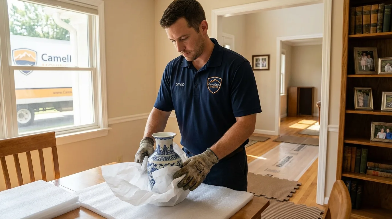 Professional crew carefully wrapping antique vase for senior downsizing move in Mineral Wells, TX