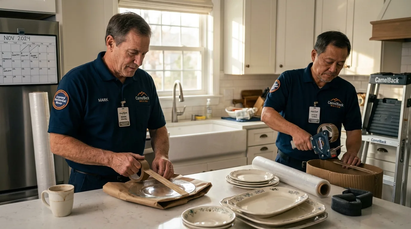 Professional crew packing kitchen dishware in Mineral Wells, TX